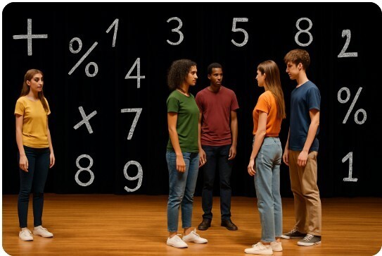 four students standing in a group on stage with one standing alone