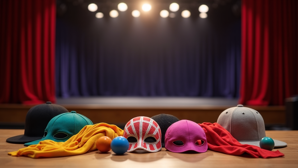 A colourful image of assorted props such as masks, hats, and scarves arranged on a drama classroom stage, with a bright theatre background.