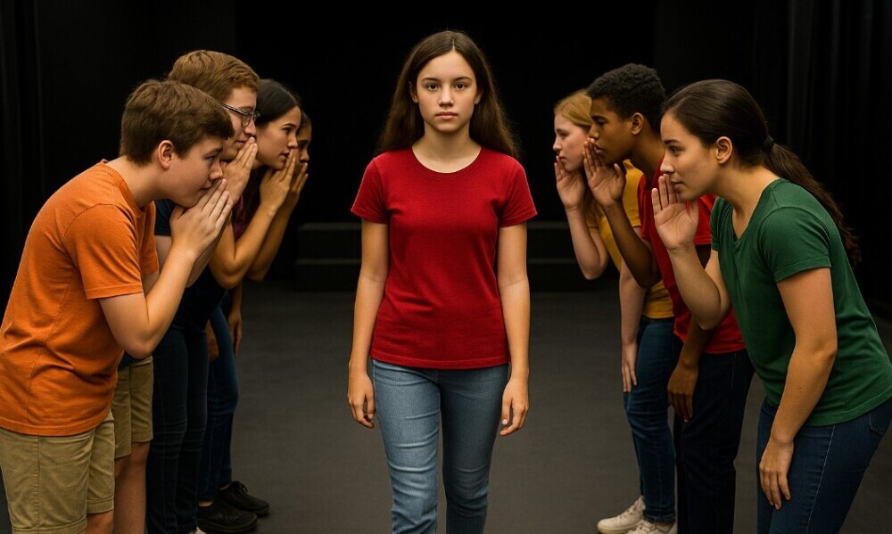 Drama class showing Conscience Alley -a student walking betweewn 2 lines of other students who are whispering to her