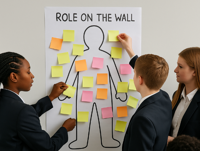 Students sticking Post-it notes on to a Role on the Wall image
