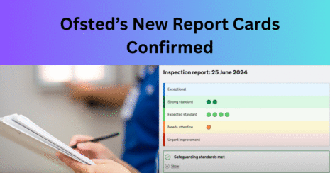 Split screen showing person holding a clipboard on one side and the new Ofsted report card on the other