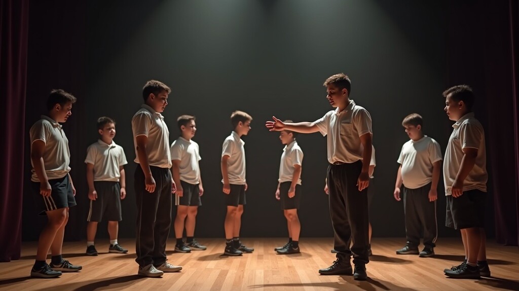 A group of teenage boys in a drama studio and drama class working on an improvisation with two opposing sides