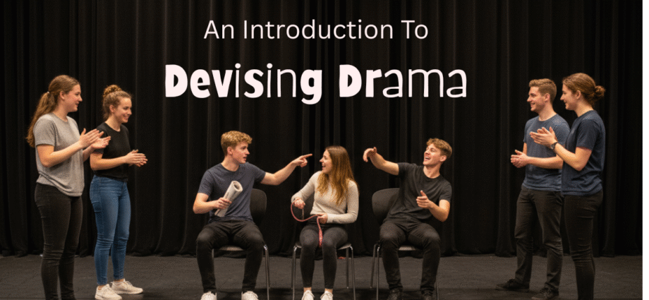 A group of secondary drama students performing a devised scene on stage, with two students seated and others reacting around them. The title “An Introduction to Devising Drama” appears above the group against a black curtain backdrop.